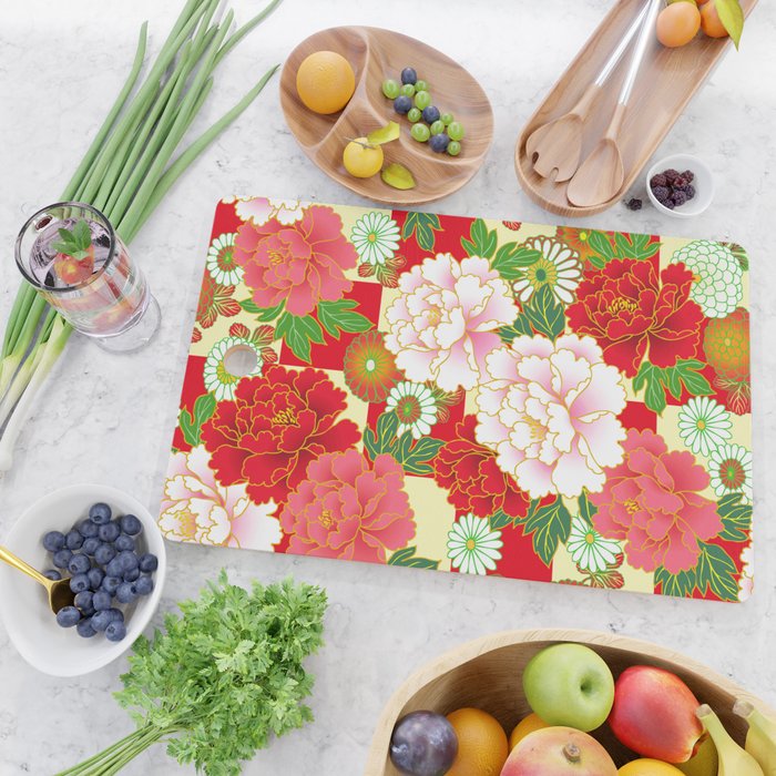 Red Pink Peony Vintage Japanese Floral Kimono Pattern Cutting Board Gallery Image 2