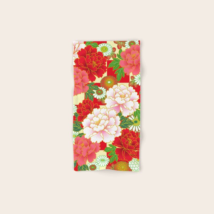 Red Pink Peony Vintage Japanese Floral Kimono Pattern Bath Towel Gallery Image 1