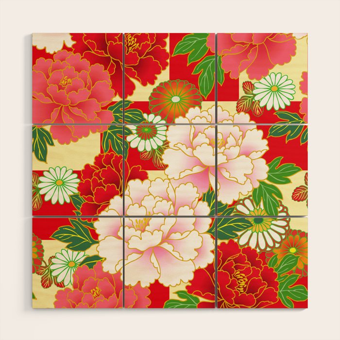 Red Pink Peony Vintage Japanese Floral Kimono Pattern Wood Wall Art Gallery Image 1