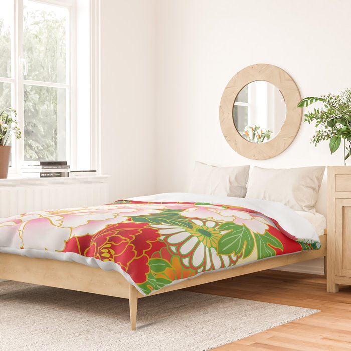 Red Pink Peony Vintage Japanese Floral Kimono Pattern Duvet Cover Gallery Image 2