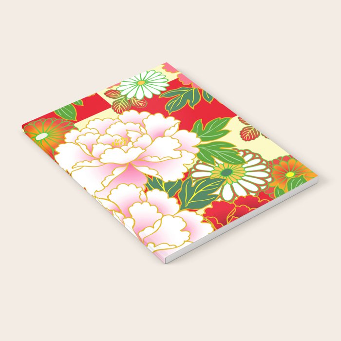 Red Pink Peony Vintage Japanese Floral Kimono Pattern Notebook Gallery Image 2
