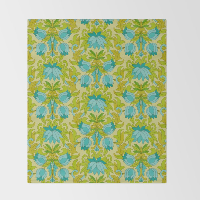 Turquoise and Green Leaves 1960s Retro Vintage Pattern Throw Blanket Gallery Image 2