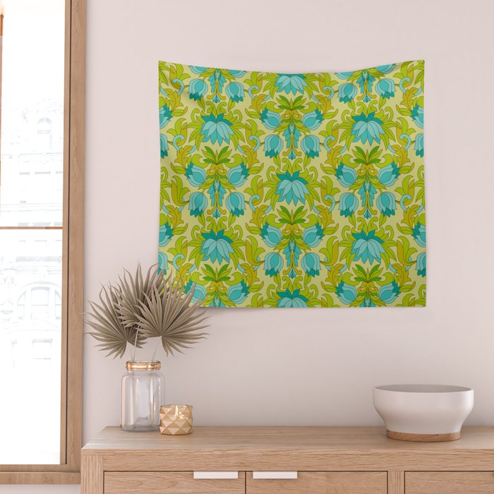Turquoise and Green Leaves 1960s Retro Vintage Pattern Wall Tapestry Gallery Image 2