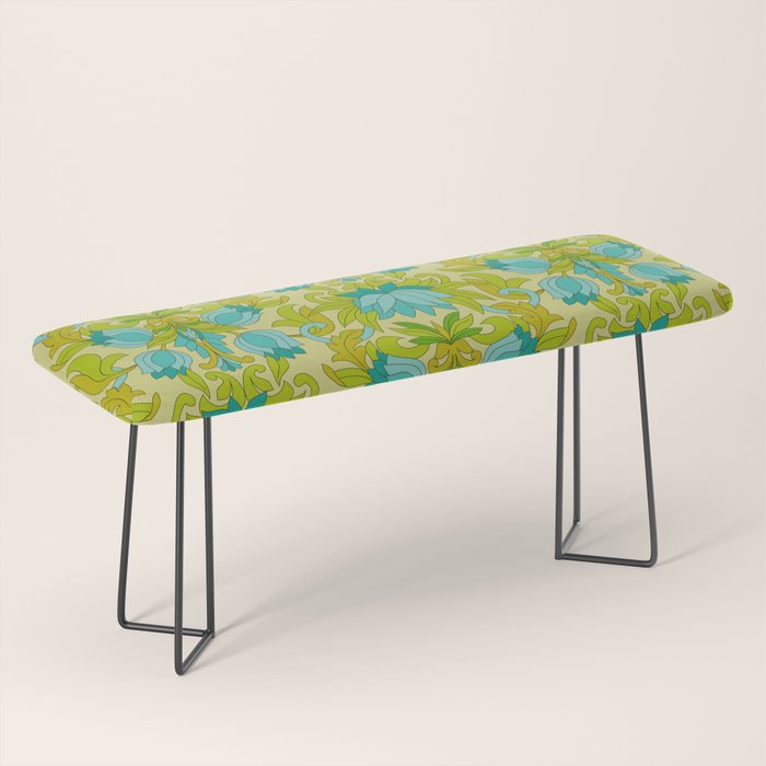 Turquoise and Green Leaves 1960s Retro Vintage Pattern Bench Gallery Image 1