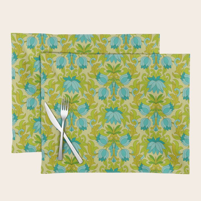 Turquoise and Green Leaves 1960s Retro Vintage Pattern Placemat Gallery Image 1