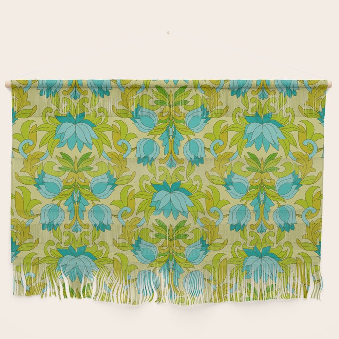 Turquoise and Green Leaves 1960s Retro Vintage Pattern Wall Hanging Gallery Image 1