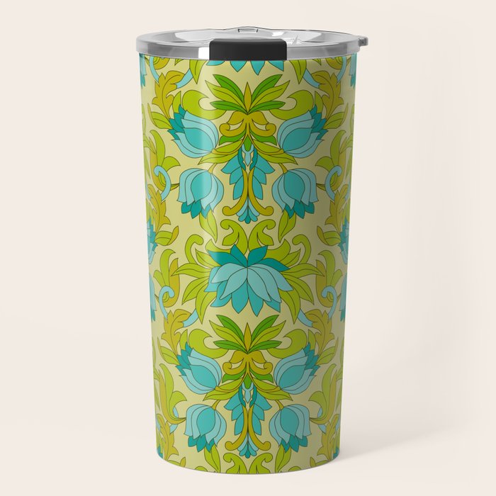 Turquoise and Green Leaves 1960s Retro Vintage Pattern Travel Mug Gallery Image 1