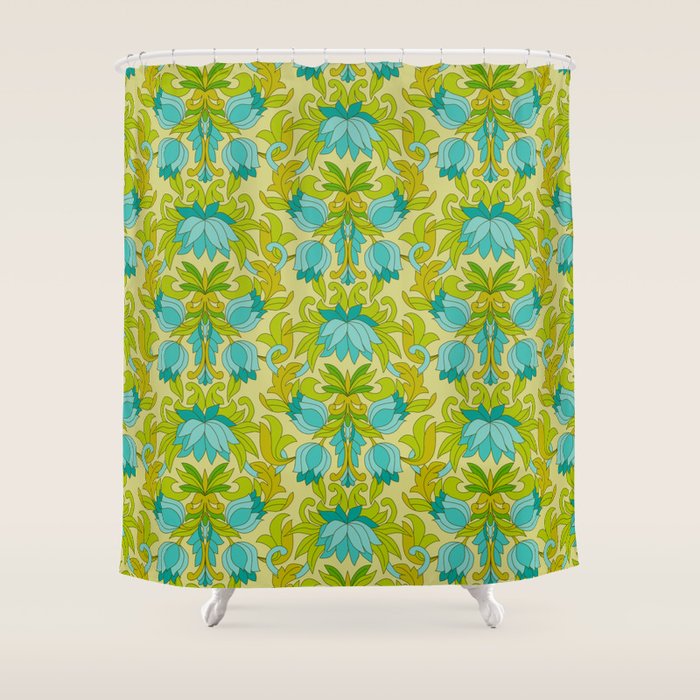 Turquoise and Green Leaves 1960s Retro Vintage Pattern Shower Curtain Gallery Image 1