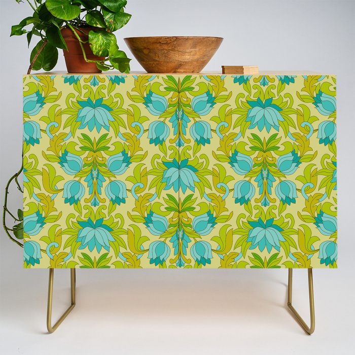 Turquoise and Green Leaves 1960s Retro Vintage Pattern Credenza Gallery Image 1