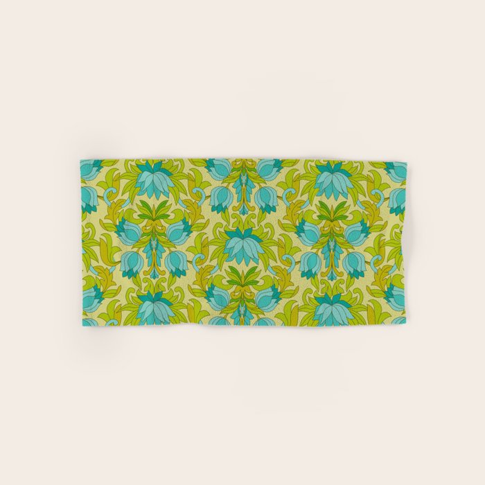 Turquoise and Green Leaves 1960s Retro Vintage Pattern Bath Towel Gallery Image 1