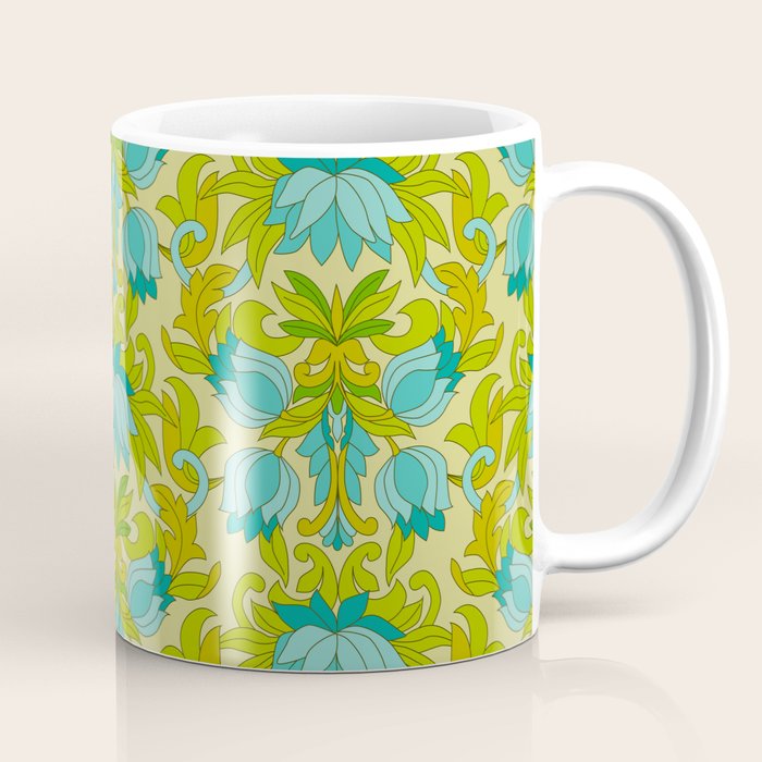 Turquoise and Green Leaves 1960s Retro Vintage Pattern Coffee Mug Gallery Image 1