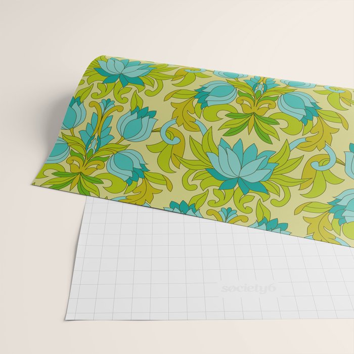 Turquoise and Green Leaves 1960s Retro Vintage Pattern Wrapping Paper Gallery Image 2