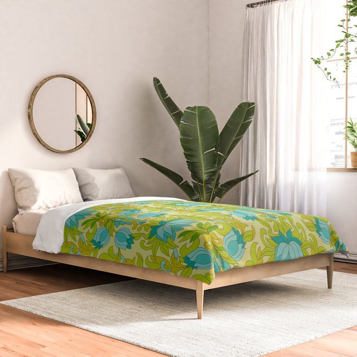 Turquoise and Green Leaves 1960s Retro Vintage Pattern Comforter Gallery Image 2