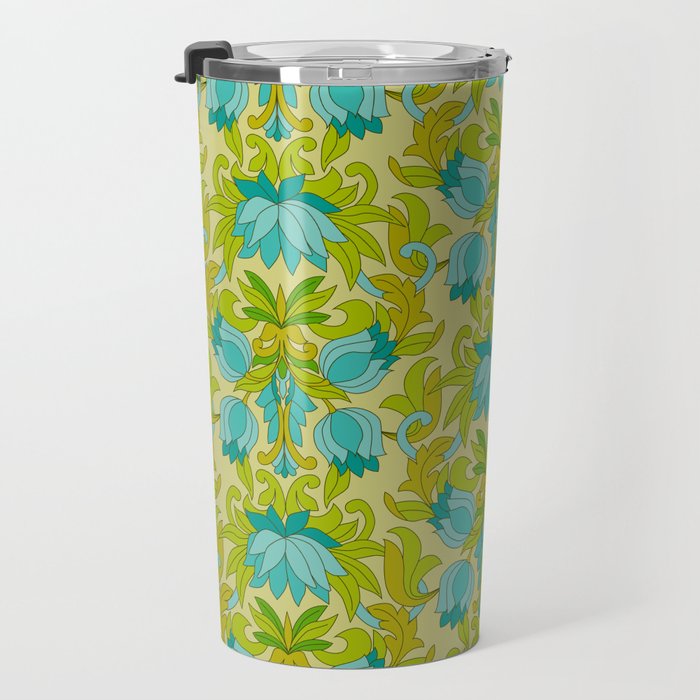 Turquoise and Green Leaves 1960s Retro Vintage Pattern Travel Mug Gallery Image 3