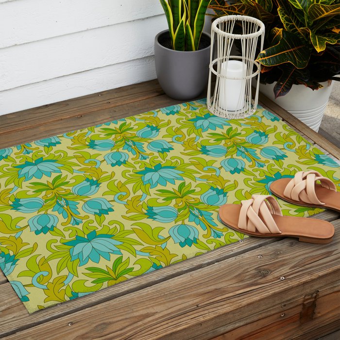 Turquoise and Green Leaves 1960s Retro Vintage Pattern Outdoor Rug Gallery Image 2