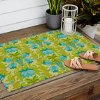 Turquoise and Green Leaves 1960s Retro Vintage Pattern Outdoor Rug Gallery Image 2