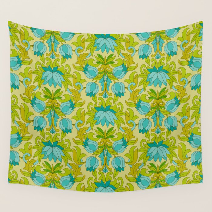 Turquoise and Green Leaves 1960s Retro Vintage Pattern Wall Tapestry Gallery Image 1