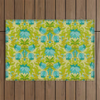 Turquoise and Green Leaves 1960s Retro Vintage Pattern Outdoor Rug Gallery Image 1