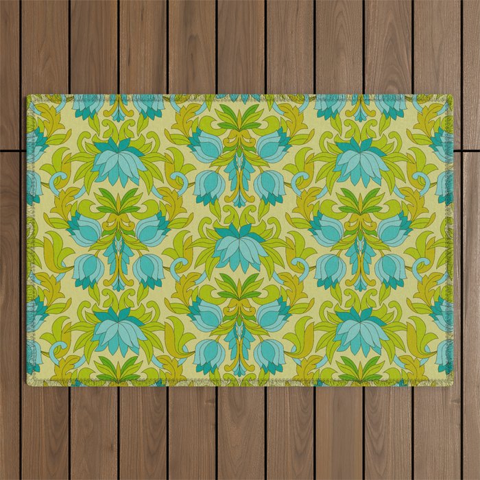 Turquoise and Green Leaves 1960s Retro Vintage Pattern Outdoor Rug Gallery Image 1