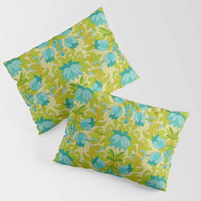 Turquoise and Green Leaves 1960s Retro Vintage Pattern Pillow Sham Gallery Image 3
