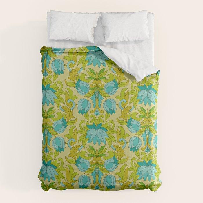 Turquoise and Green Leaves 1960s Retro Vintage Pattern Duvet Cover Gallery Image 6