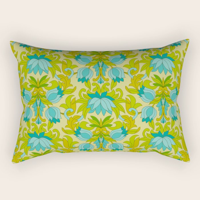 Turquoise and Green Leaves 1960s Retro Vintage Pattern Rectangular Pillow Gallery Image 1
