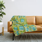 Turquoise and Green Leaves 1960s Retro Vintage Pattern Throw Blanket Gallery Image 1