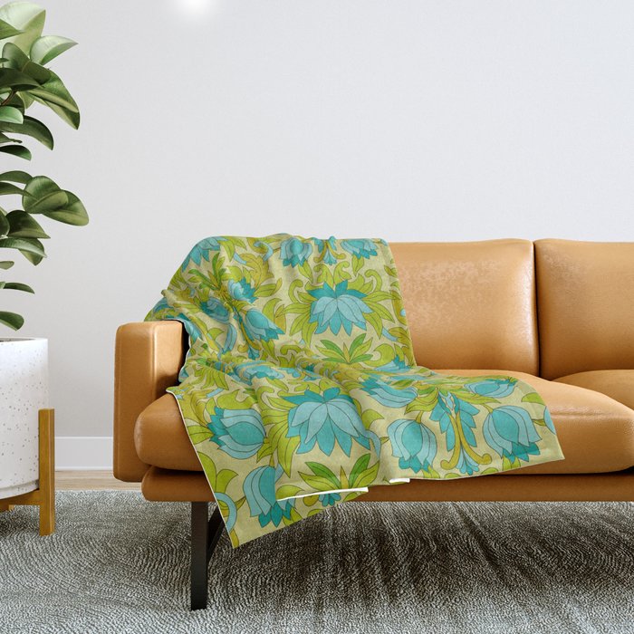 Turquoise and Green Leaves 1960s Retro Vintage Pattern Throw Blanket Gallery Image 1