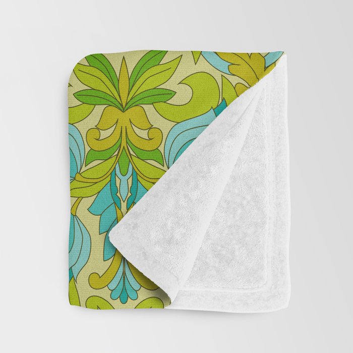 Turquoise and Green Leaves 1960s Retro Vintage Pattern Throw Blanket Gallery Image 3