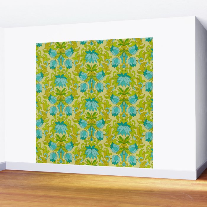 Turquoise and Green Leaves 1960s Retro Vintage Pattern Wall Mural Gallery Image 2