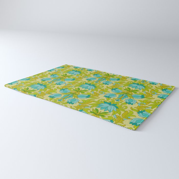 Turquoise and Green Leaves 1960s Retro Vintage Pattern Rug Gallery Image 3