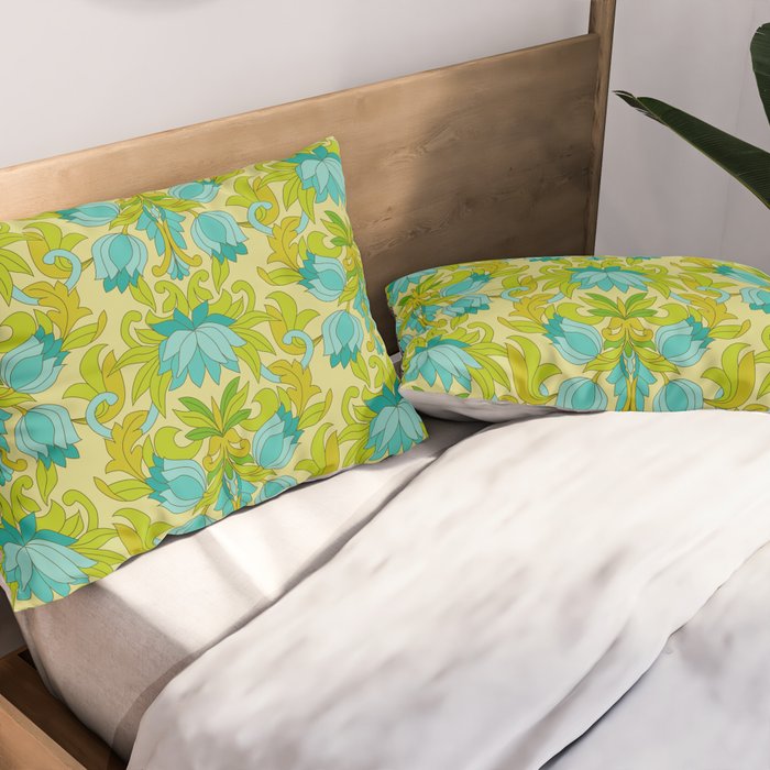 Turquoise and Green Leaves 1960s Retro Vintage Pattern Pillow Sham Gallery Image 2
