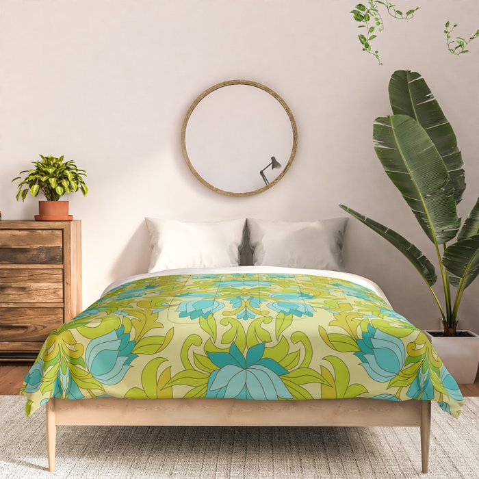 Turquoise and Green Leaves 1960s Retro Vintage Pattern Comforter Gallery Image 3