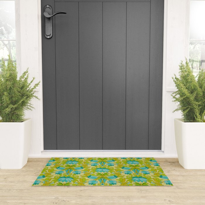 Turquoise and Green Leaves 1960s Retro Vintage Pattern Welcome Mat Gallery Image 3