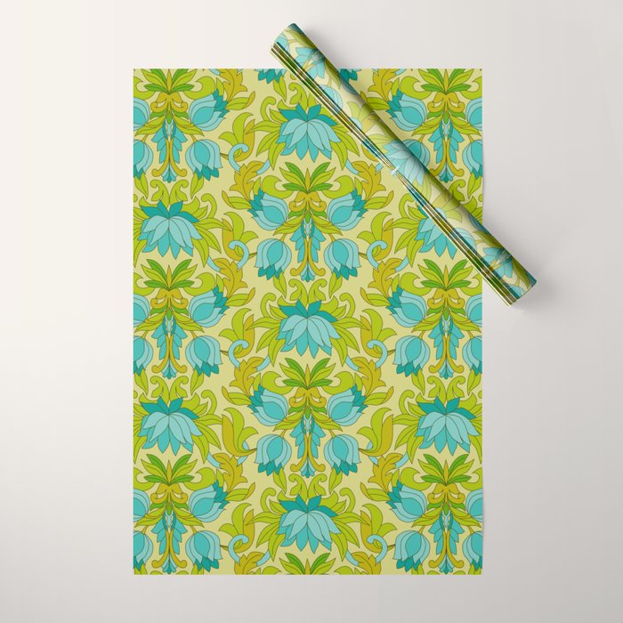 Turquoise and Green Leaves 1960s Retro Vintage Pattern Wrapping Paper Gallery Image 1