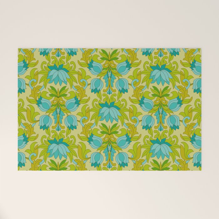 Turquoise and Green Leaves 1960s Retro Vintage Pattern Welcome Mat Gallery Image 1