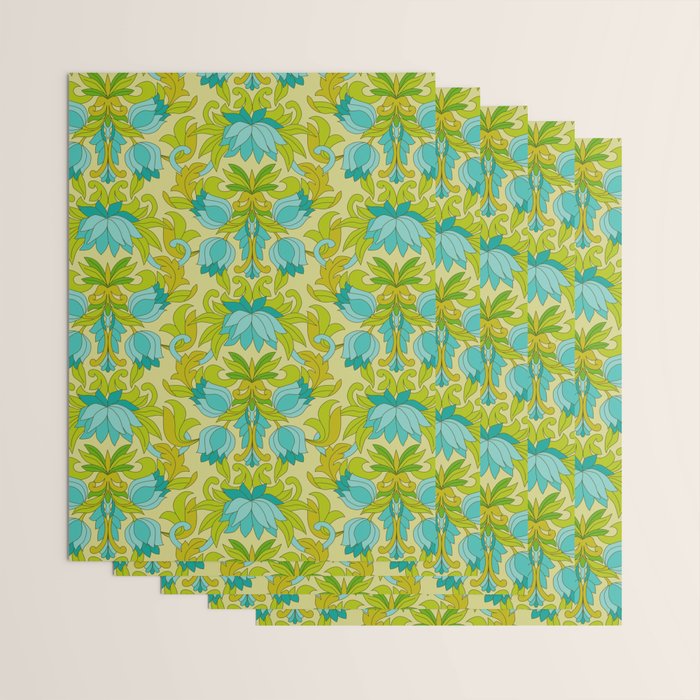 Turquoise and Green Leaves 1960s Retro Vintage Pattern Wrapping Paper Gallery Image 3