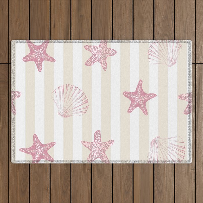Blush Pink Seashell & Starfish on Beige and White  Outdoor Rug Gallery Image 1