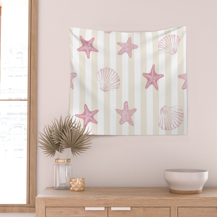 Blush Pink Seashell & Starfish on Beige and White  Wall Tapestry Gallery Image 2