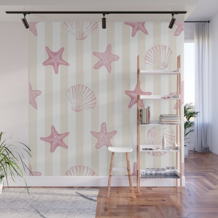 Blush Pink Seashell & Starfish on Beige and White  Wall Mural Gallery Image 1