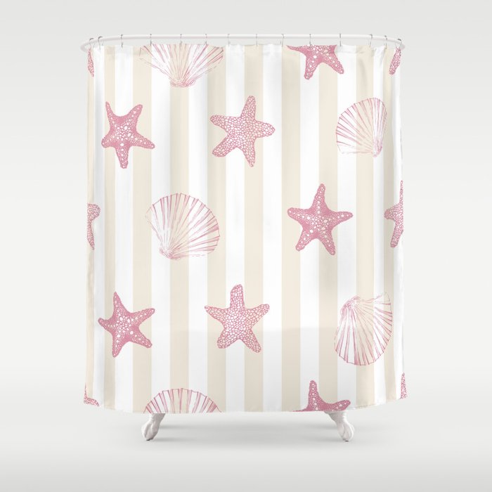 Blush Pink Seashell & Starfish on Beige and White  Shower Curtain Gallery Image 1