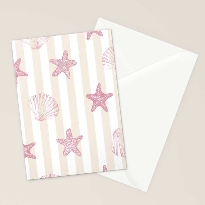Blush Pink Seashell & Starfish on Beige and White  Stationery Card Gallery Image 2