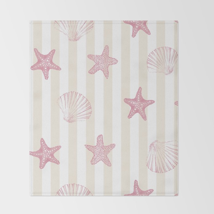 Blush Pink Seashell & Starfish on Beige and White  Throw Blanket Gallery Image 2