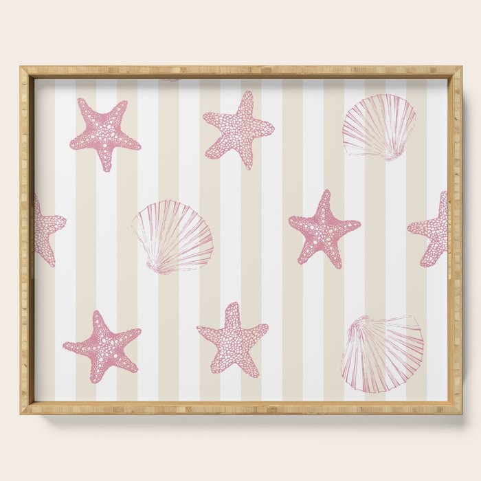 Blush Pink Seashell & Starfish on Beige and White  Serving Tray Gallery Image 1