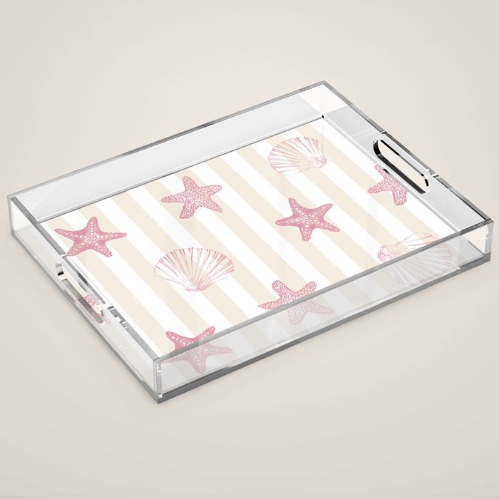 Blush Pink Seashell & Starfish on Beige and White  Acrylic Tray Gallery Image 1