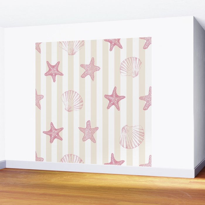 Blush Pink Seashell & Starfish on Beige and White  Wall Mural Gallery Image 2