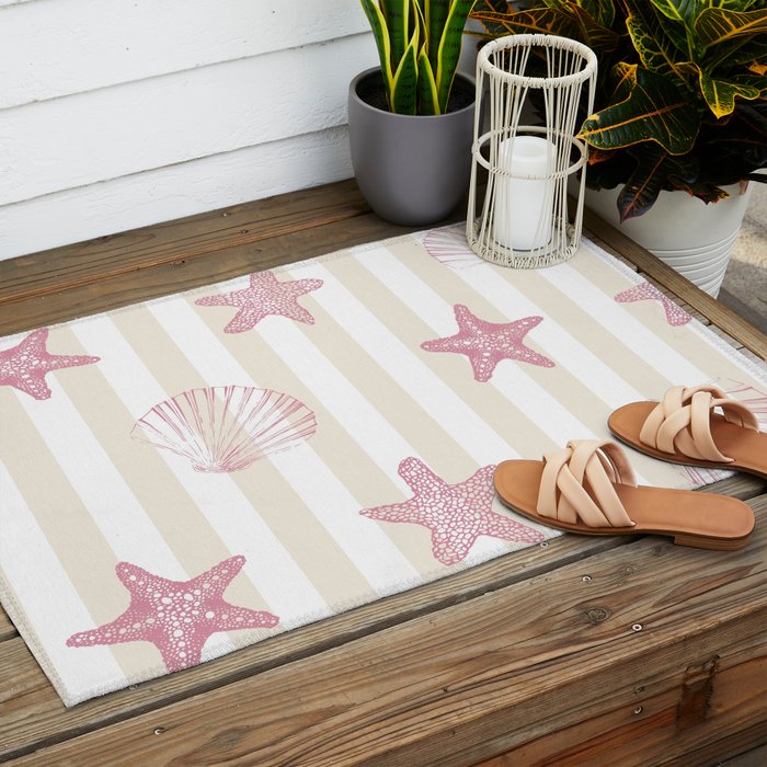 Blush Pink Seashell & Starfish on Beige and White  Outdoor Rug Gallery Image 2