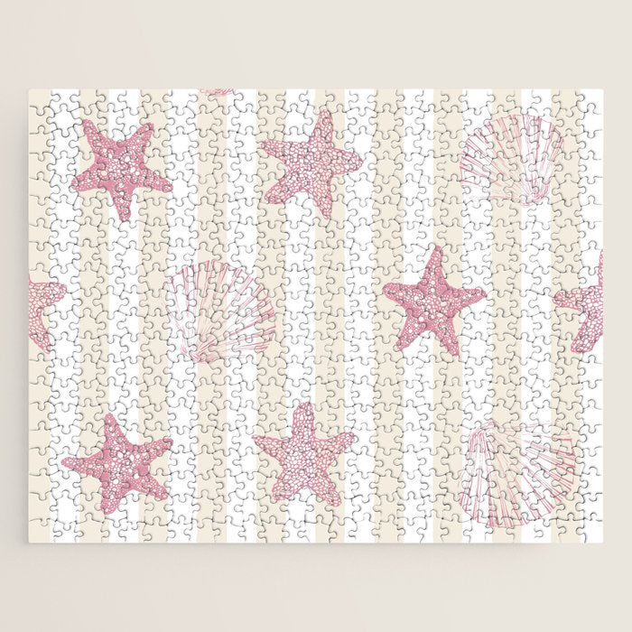 Blush Pink Seashell & Starfish on Beige and White  Jigsaw Puzzle Gallery Image 1