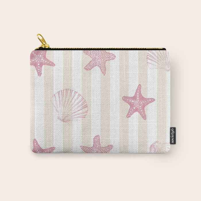Blush Pink Seashell & Starfish on Beige and White  Carry All Pouch Gallery Image 1