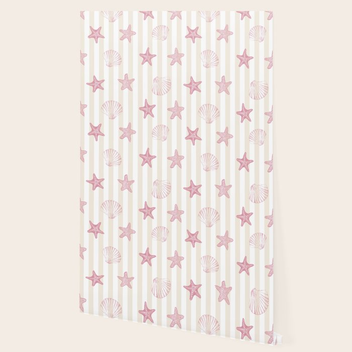 Blush Pink Seashell & Starfish on Beige and White  Wallpaper Gallery Image 2